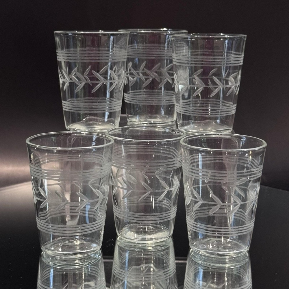 Vintage Anchor Hocking Banded Etched Laurel Leaf 6pc Shot‎ Glass Barware